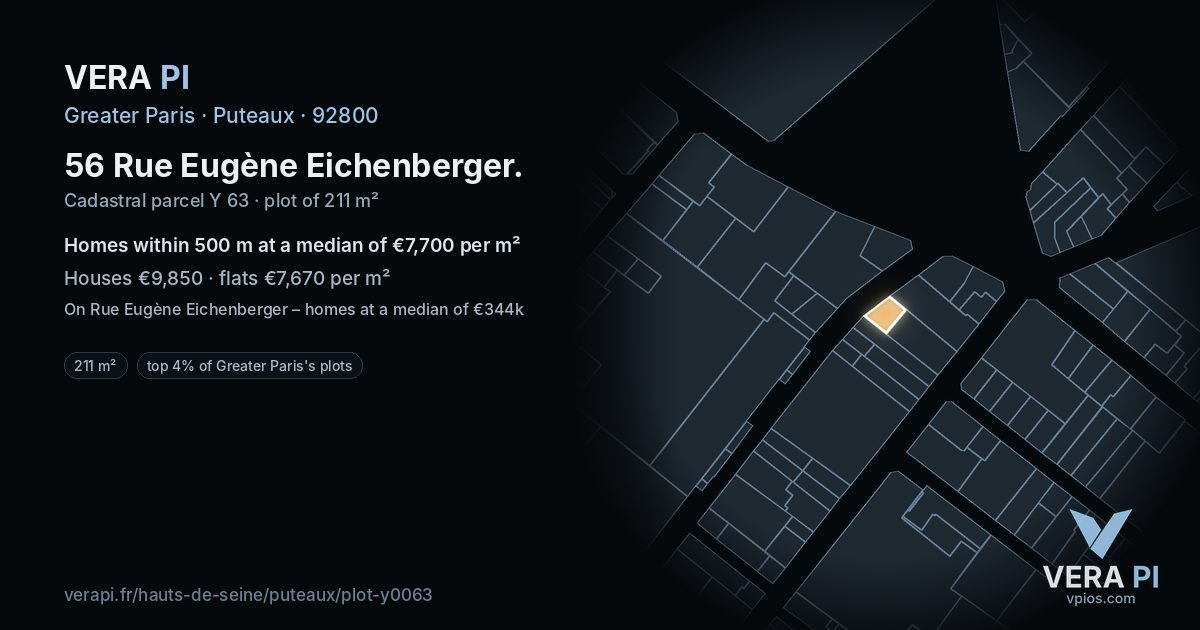 56 Rue Eugène Eichenberger, Puteaux at night – the plot lit, the parcels around coloured by the prices near them