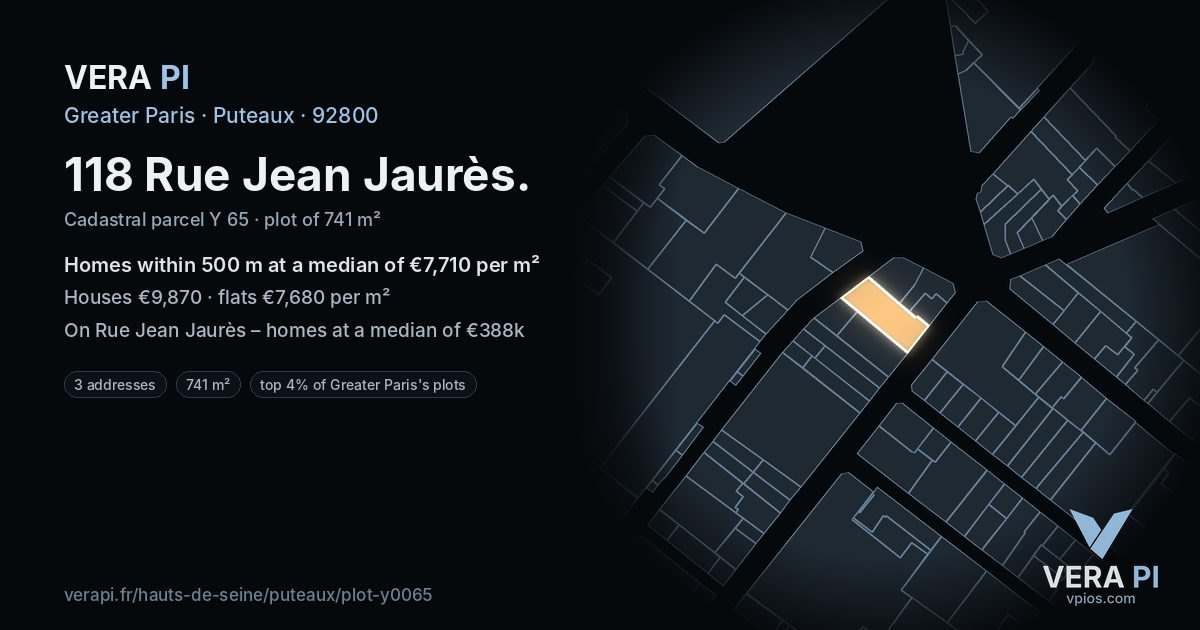 118 Rue Jean Jaurès, Puteaux at night – the plot lit, the parcels around coloured by the prices near them