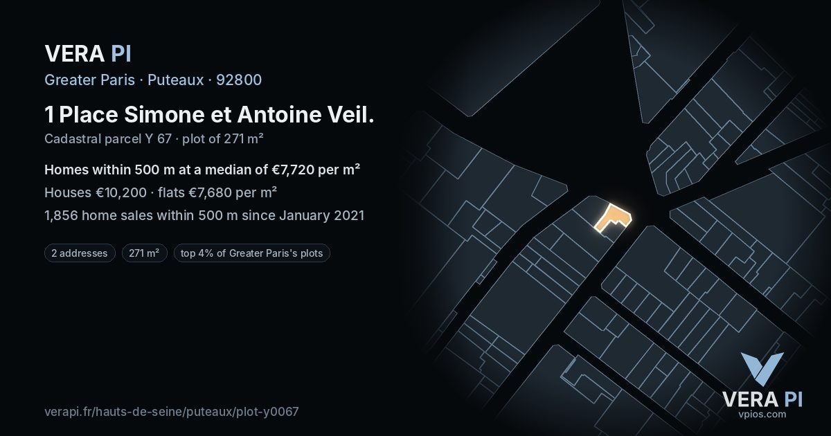 1 Place Simone et Antoine Veil, Puteaux at night – the plot lit, the parcels around coloured by the prices near them