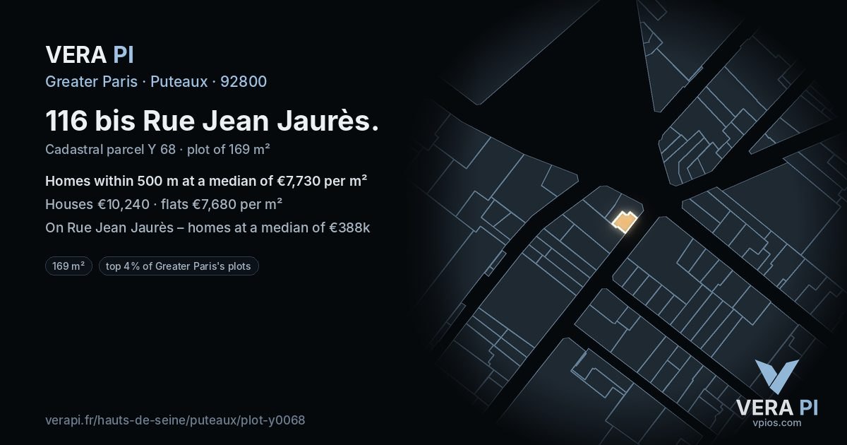 116 bis Rue Jean Jaurès, Puteaux at night – the plot lit, the parcels around coloured by the prices near them