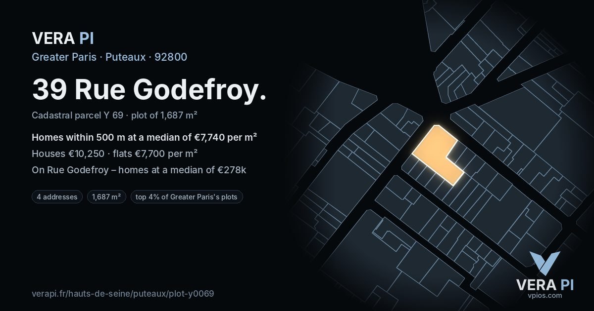 39 Rue Godefroy, Puteaux at night – the plot lit, the parcels around coloured by the prices near them