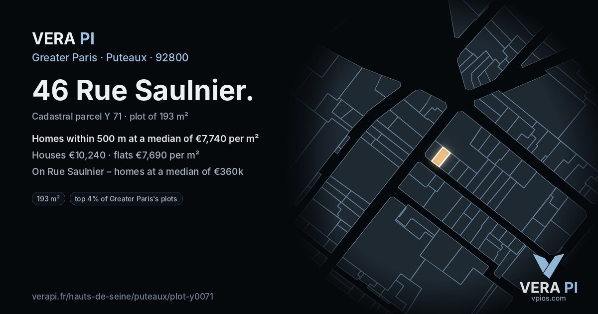 46 Rue Saulnier, Puteaux at night – the plot lit, the parcels around coloured by the prices near them