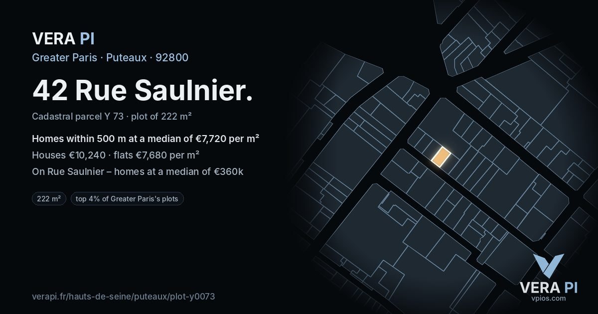 42 Rue Saulnier, Puteaux at night – the plot lit, the parcels around coloured by the prices near them