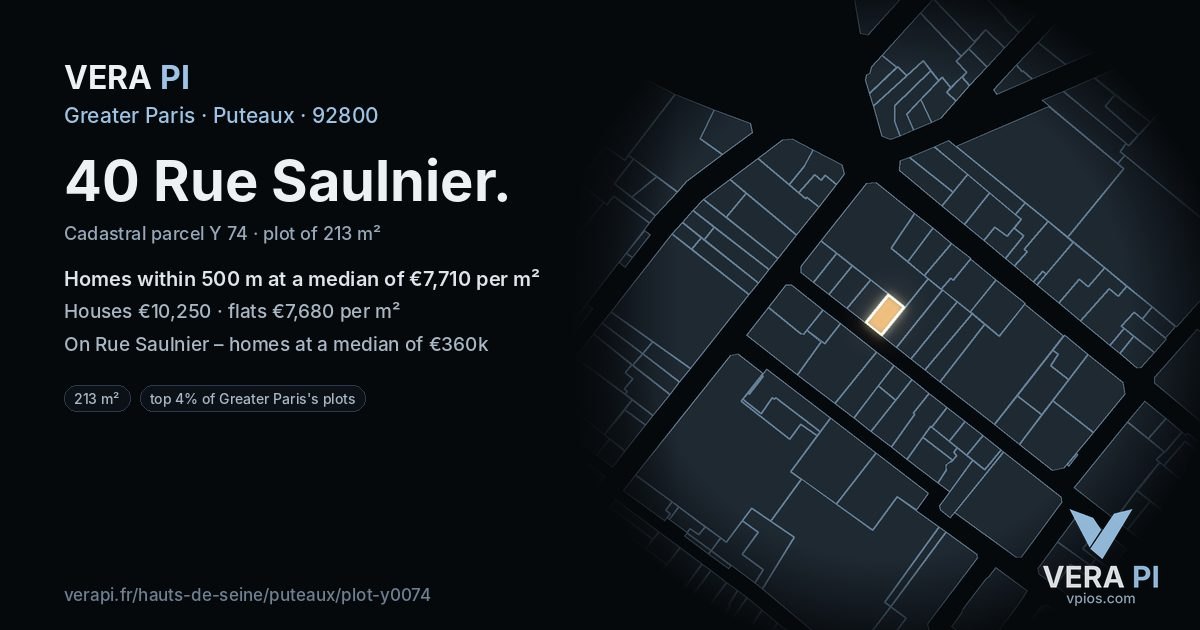 40 Rue Saulnier, Puteaux at night – the plot lit, the parcels around coloured by the prices near them