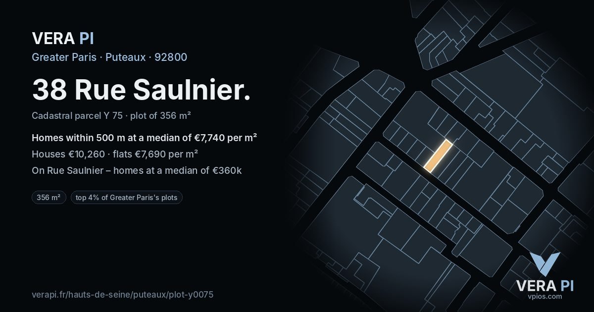 38 Rue Saulnier, Puteaux at night – the plot lit, the parcels around coloured by the prices near them