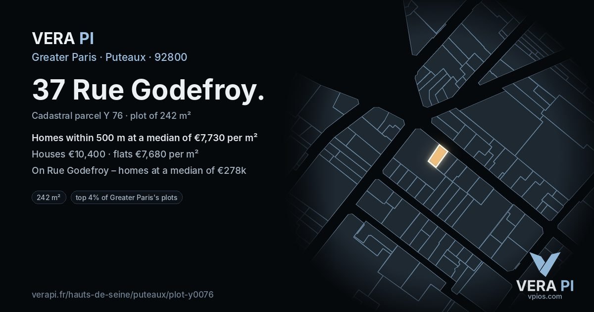 37 Rue Godefroy, Puteaux at night – the plot lit, the parcels around coloured by the prices near them