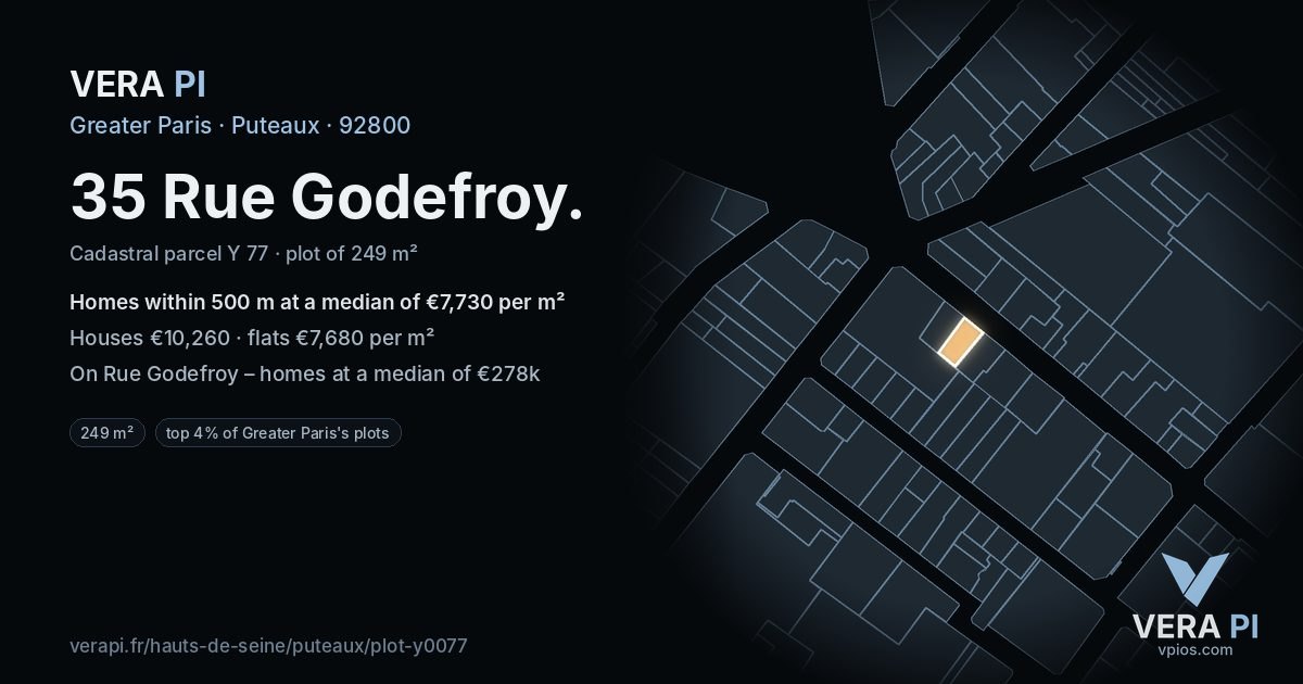 35 Rue Godefroy, Puteaux at night – the plot lit, the parcels around coloured by the prices near them