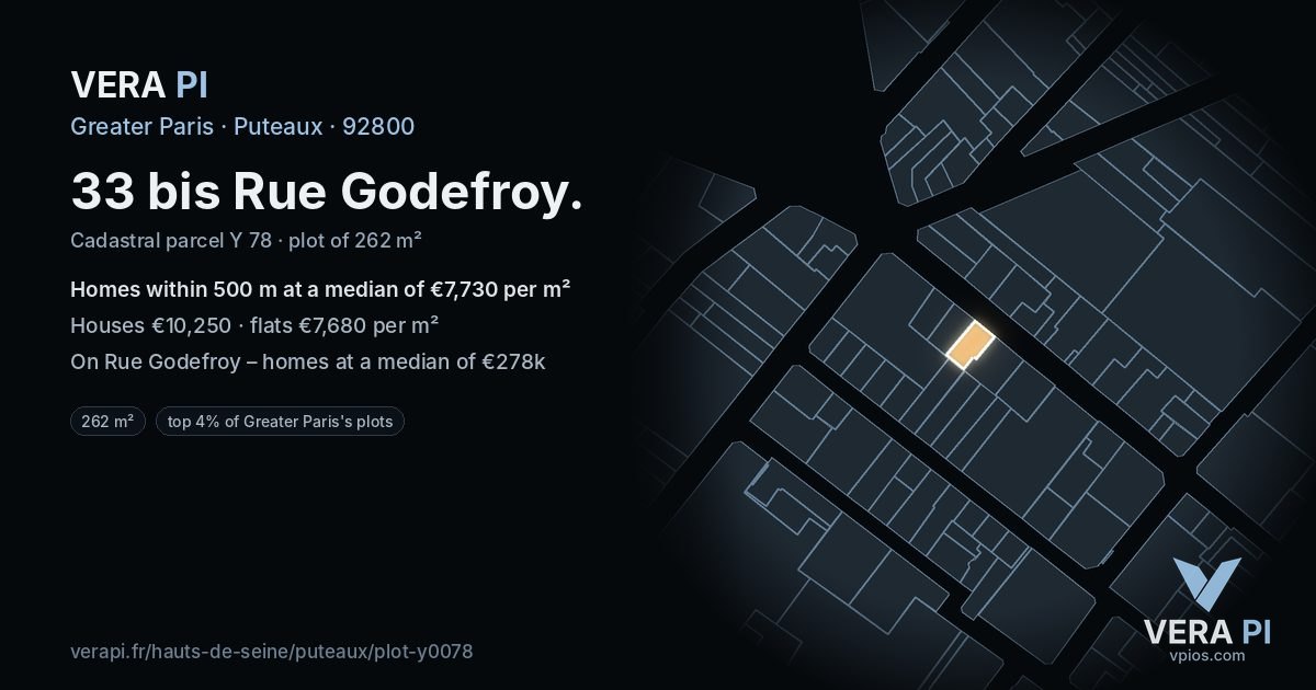 33 bis Rue Godefroy, Puteaux at night – the plot lit, the parcels around coloured by the prices near them