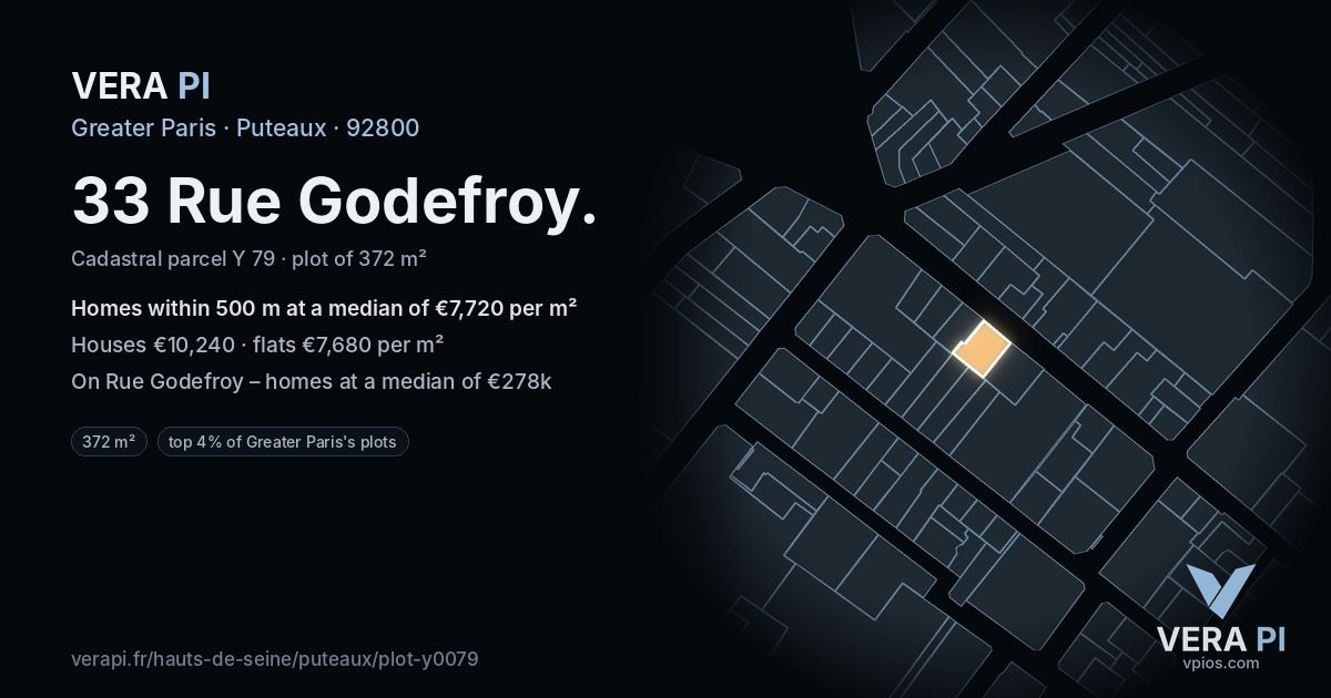 33 Rue Godefroy, Puteaux at night – the plot lit, the parcels around coloured by the prices near them