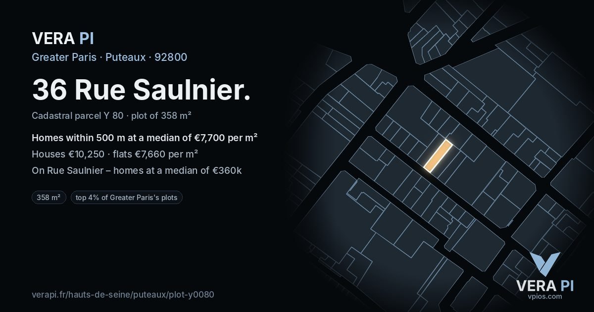 36 Rue Saulnier, Puteaux at night – the plot lit, the parcels around coloured by the prices near them