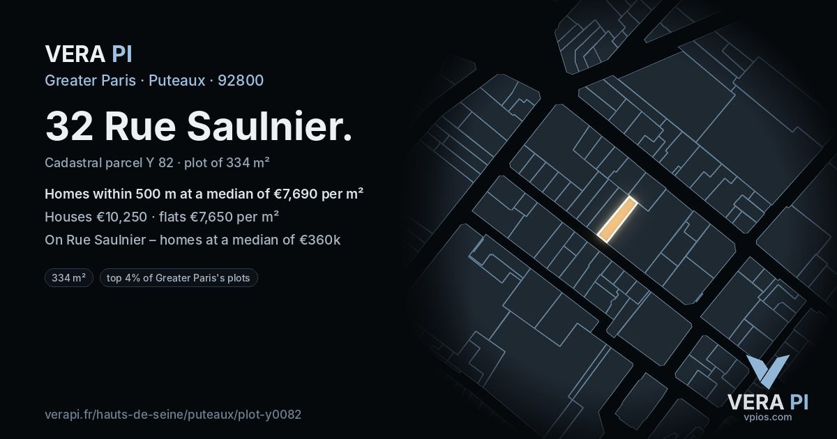 32 Rue Saulnier, Puteaux at night – the plot lit, the parcels around coloured by the prices near them