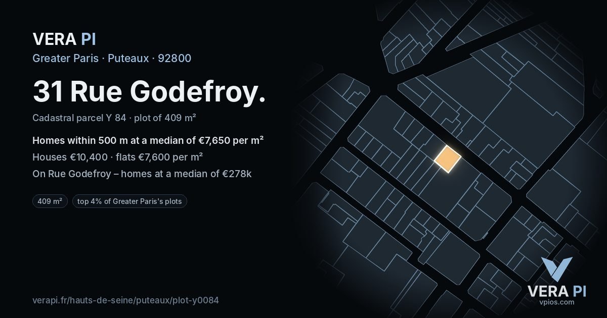 31 Rue Godefroy, Puteaux at night – the plot lit, the parcels around coloured by the prices near them