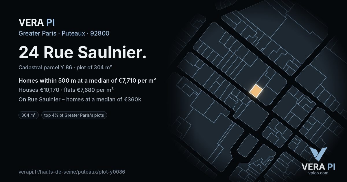 24 Rue Saulnier, Puteaux at night – the plot lit, the parcels around coloured by the prices near them
