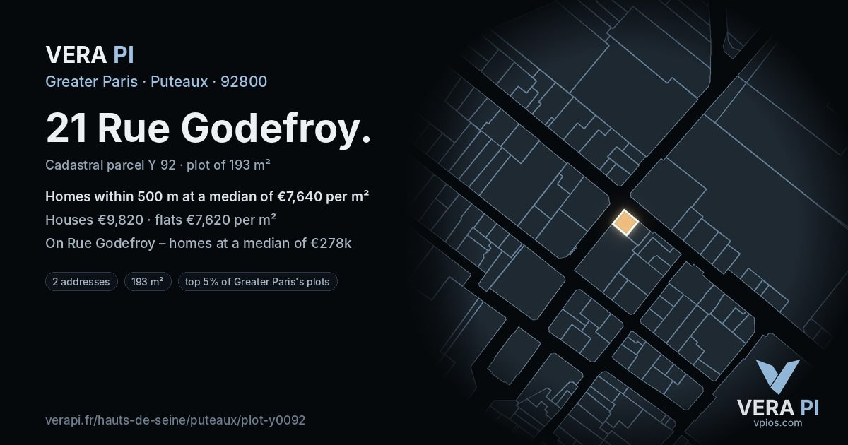 21 Rue Godefroy, Puteaux at night – the plot lit, the parcels around coloured by the prices near them