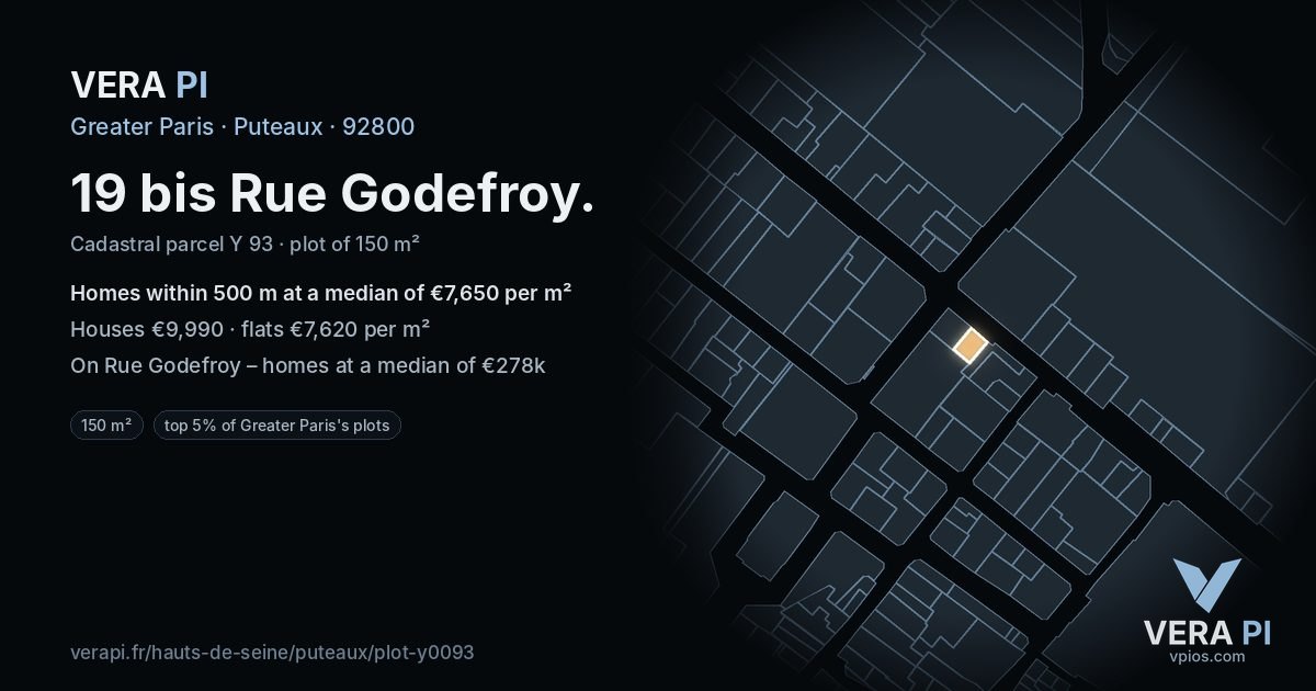 19 bis Rue Godefroy, Puteaux at night – the plot lit, the parcels around coloured by the prices near them