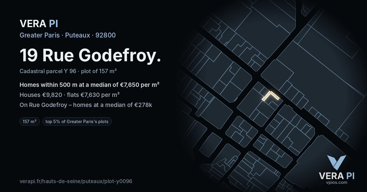19 Rue Godefroy, Puteaux at night – the plot lit, the parcels around coloured by the prices near them