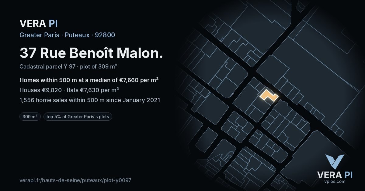 37 Rue Benoît Malon, Puteaux at night – the plot lit, the parcels around coloured by the prices near them