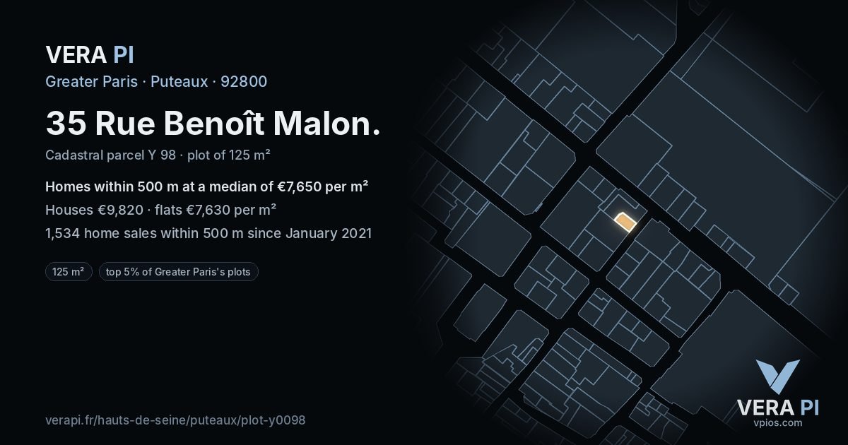 35 Rue Benoît Malon, Puteaux at night – the plot lit, the parcels around coloured by the prices near them