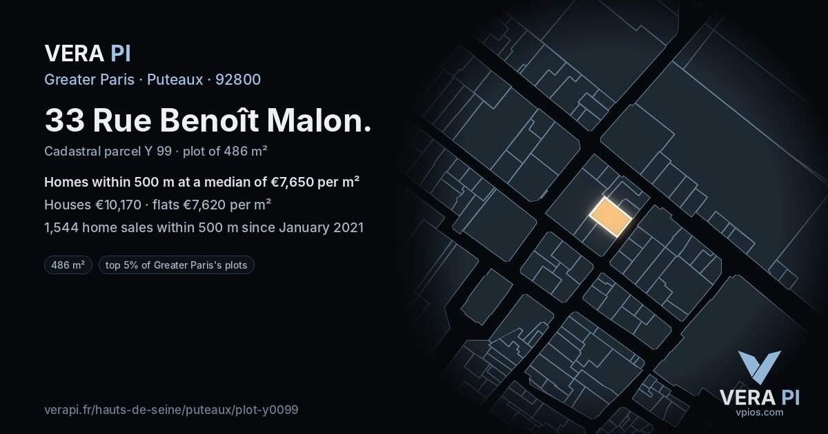 33 Rue Benoît Malon, Puteaux at night – the plot lit, the parcels around coloured by the prices near them