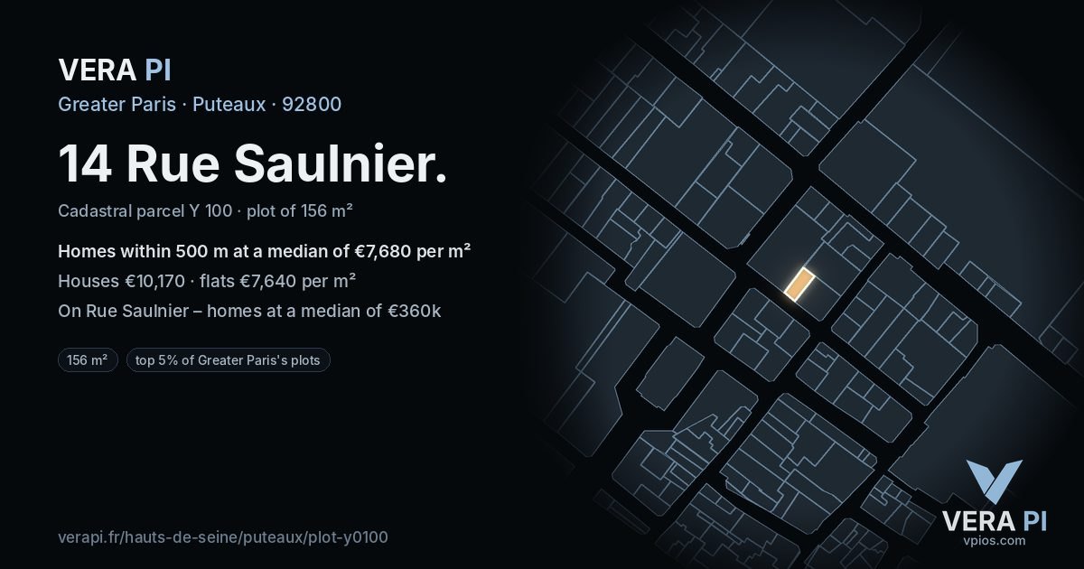 14 Rue Saulnier, Puteaux at night – the plot lit, the parcels around coloured by the prices near them