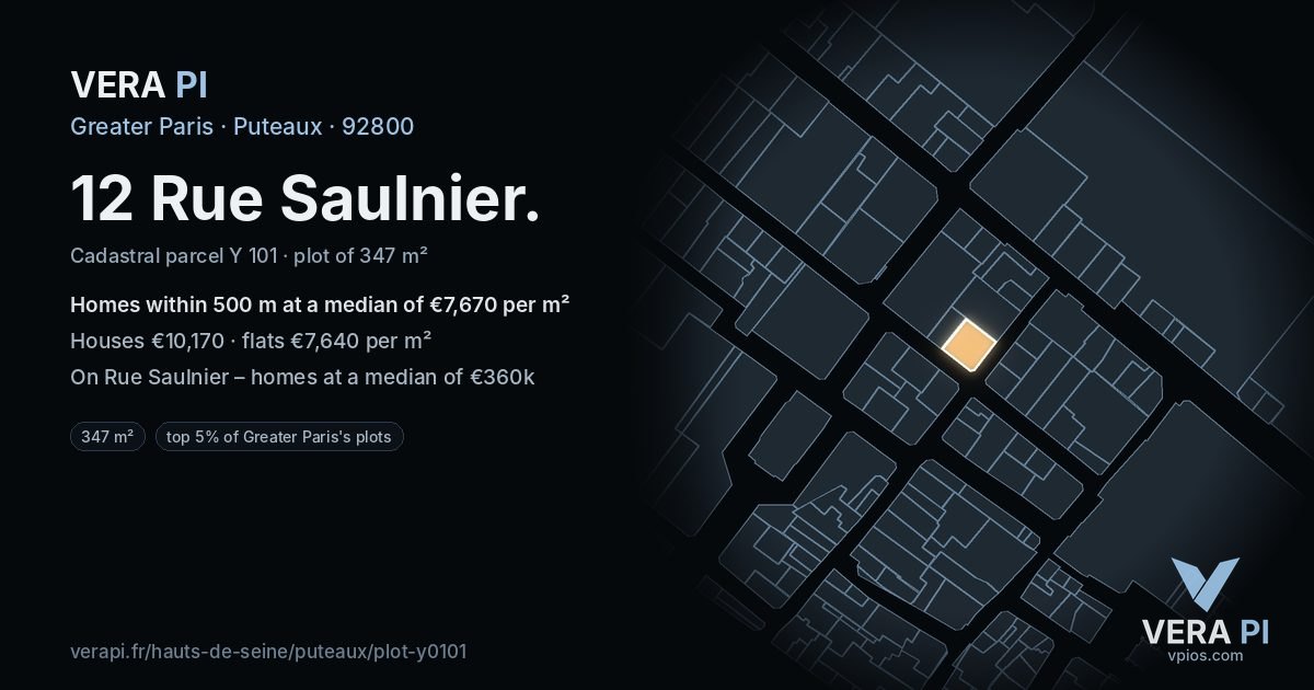 12 Rue Saulnier, Puteaux at night – the plot lit, the parcels around coloured by the prices near them