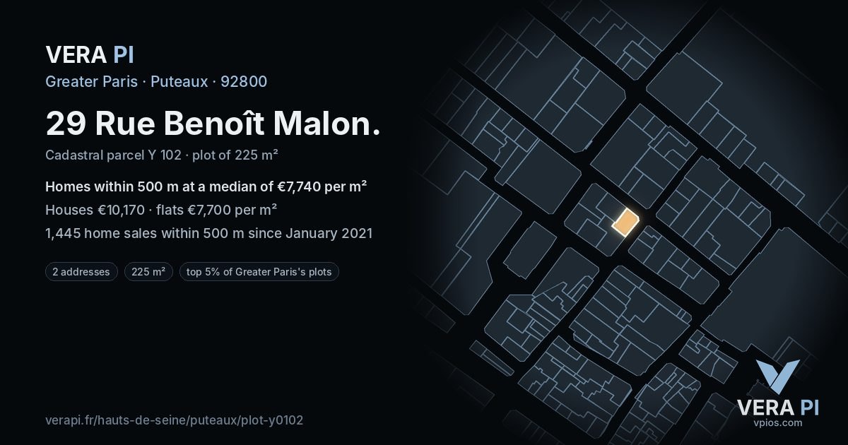 29 Rue Benoît Malon, Puteaux at night – the plot lit, the parcels around coloured by the prices near them