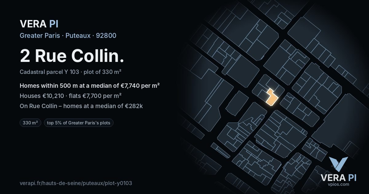2 Rue Collin, Puteaux at night – the plot lit, the parcels around coloured by the prices near them