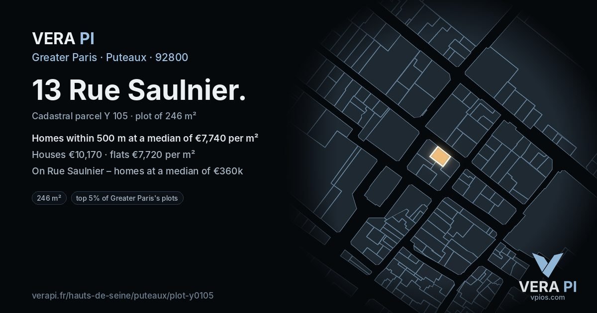 13 Rue Saulnier, Puteaux at night – the plot lit, the parcels around coloured by the prices near them