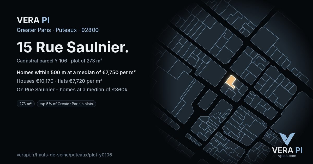 15 Rue Saulnier, Puteaux at night – the plot lit, the parcels around coloured by the prices near them