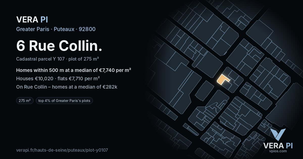 6 Rue Collin, Puteaux at night – the plot lit, the parcels around coloured by the prices near them