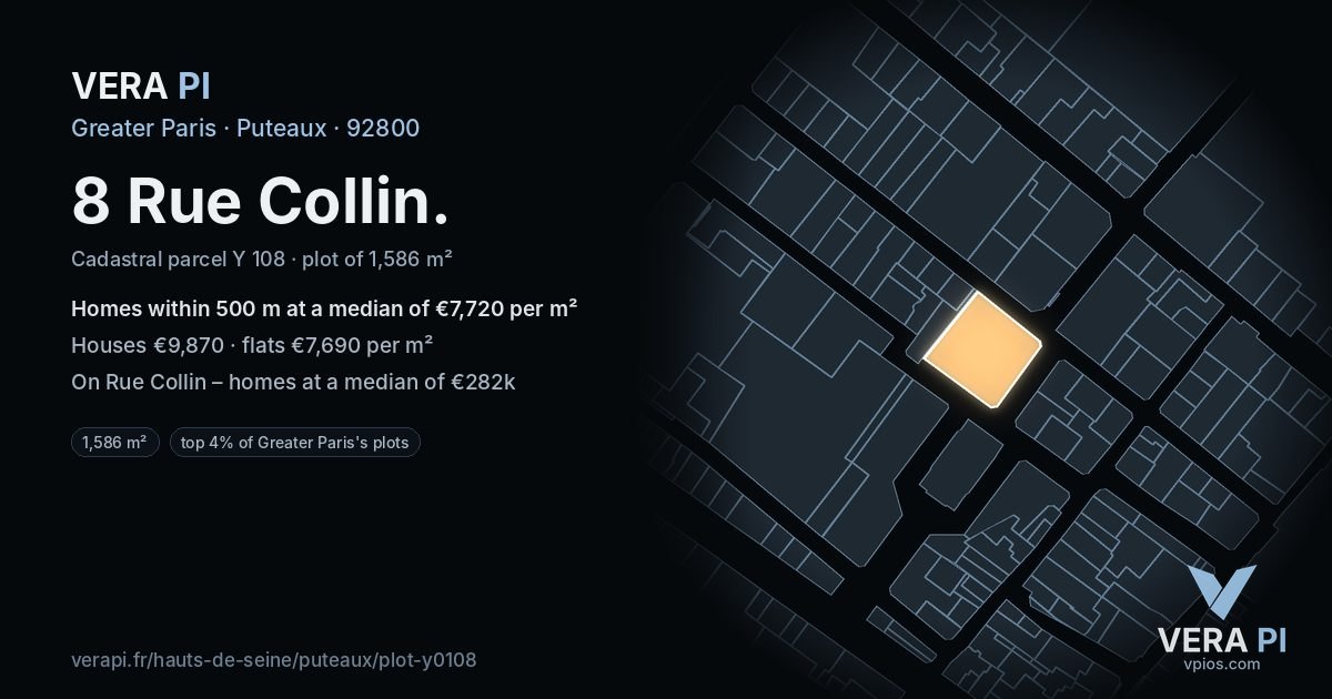8 Rue Collin, Puteaux at night – the plot lit, the parcels around coloured by the prices near them