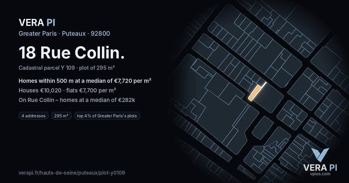 18 Rue Collin, Puteaux at night – the plot lit, the parcels around coloured by the prices near them