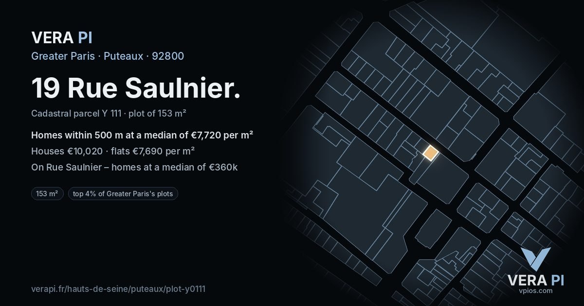 19 Rue Saulnier, Puteaux at night – the plot lit, the parcels around coloured by the prices near them