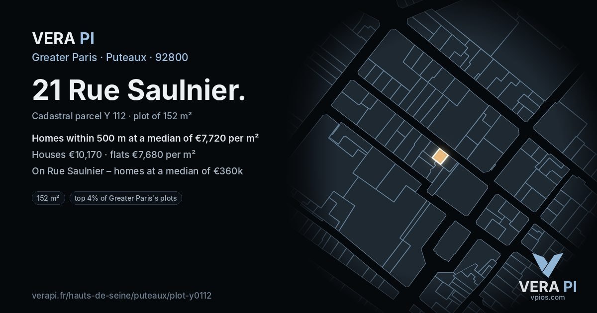 21 Rue Saulnier, Puteaux at night – the plot lit, the parcels around coloured by the prices near them