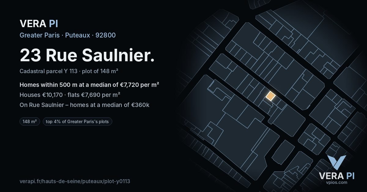 23 Rue Saulnier, Puteaux at night – the plot lit, the parcels around coloured by the prices near them