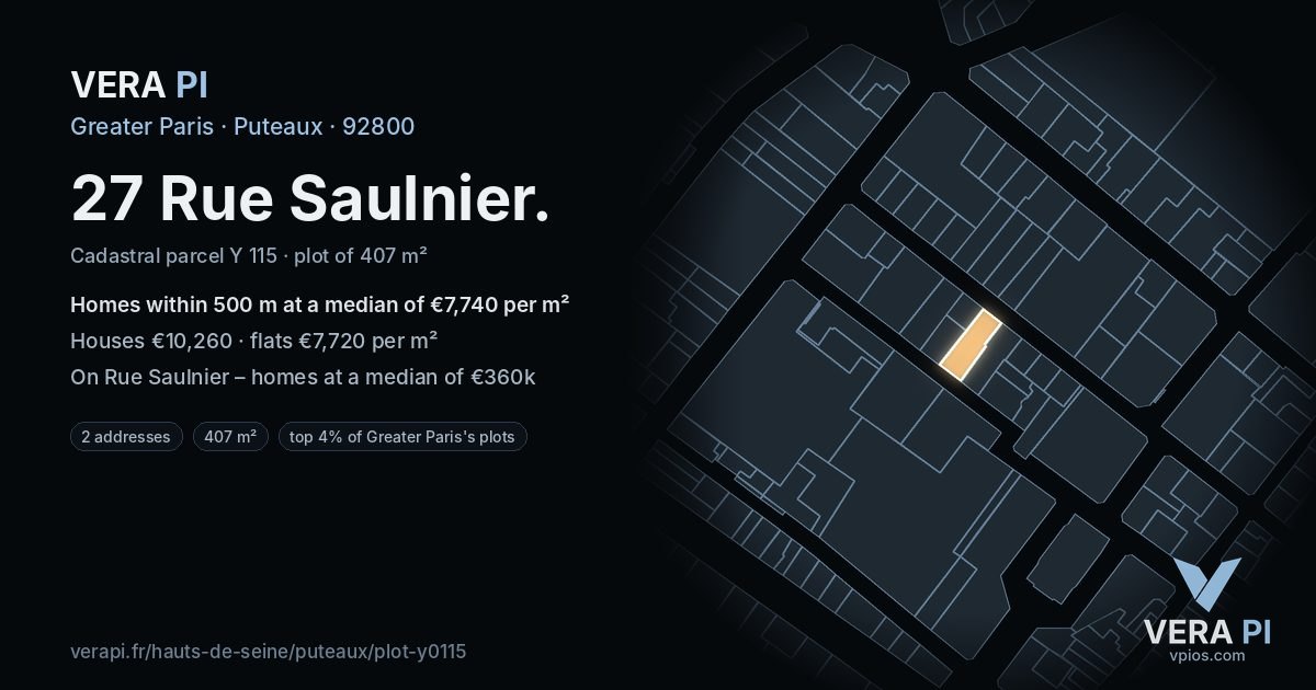 27 Rue Saulnier, Puteaux at night – the plot lit, the parcels around coloured by the prices near them