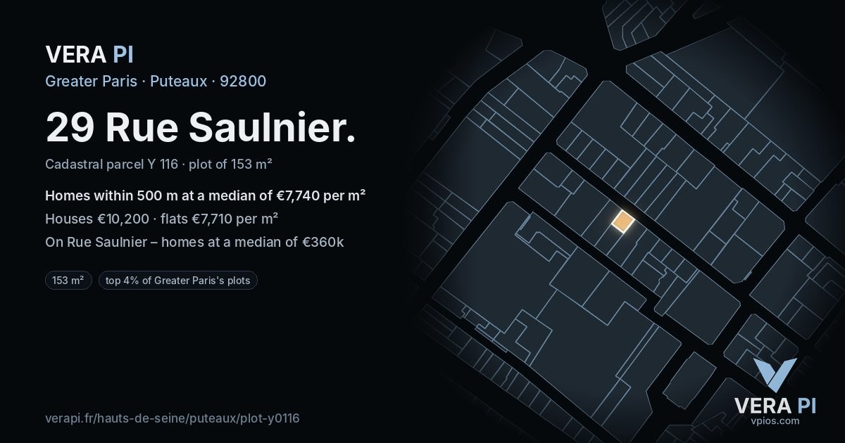 29 Rue Saulnier, Puteaux at night – the plot lit, the parcels around coloured by the prices near them