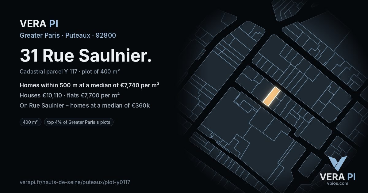 31 Rue Saulnier, Puteaux at night – the plot lit, the parcels around coloured by the prices near them
