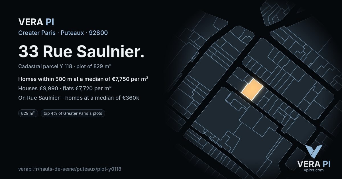 33 Rue Saulnier, Puteaux at night – the plot lit, the parcels around coloured by the prices near them