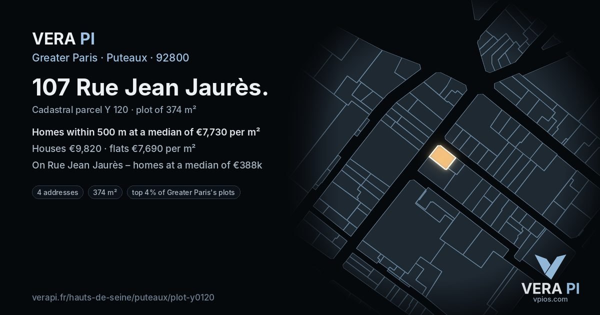 107 Rue Jean Jaurès, Puteaux at night – the plot lit, the parcels around coloured by the prices near them
