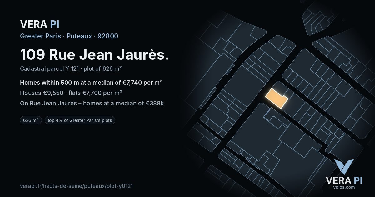 109 Rue Jean Jaurès, Puteaux at night – the plot lit, the parcels around coloured by the prices near them