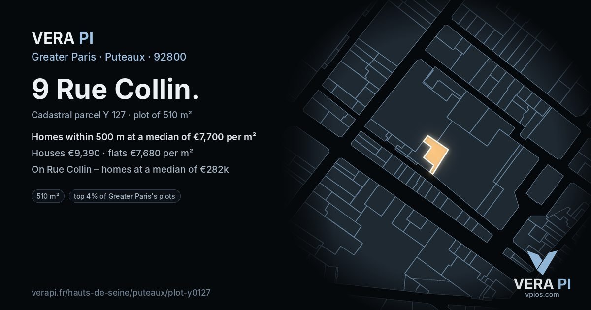 9 Rue Collin, Puteaux at night – the plot lit, the parcels around coloured by the prices near them