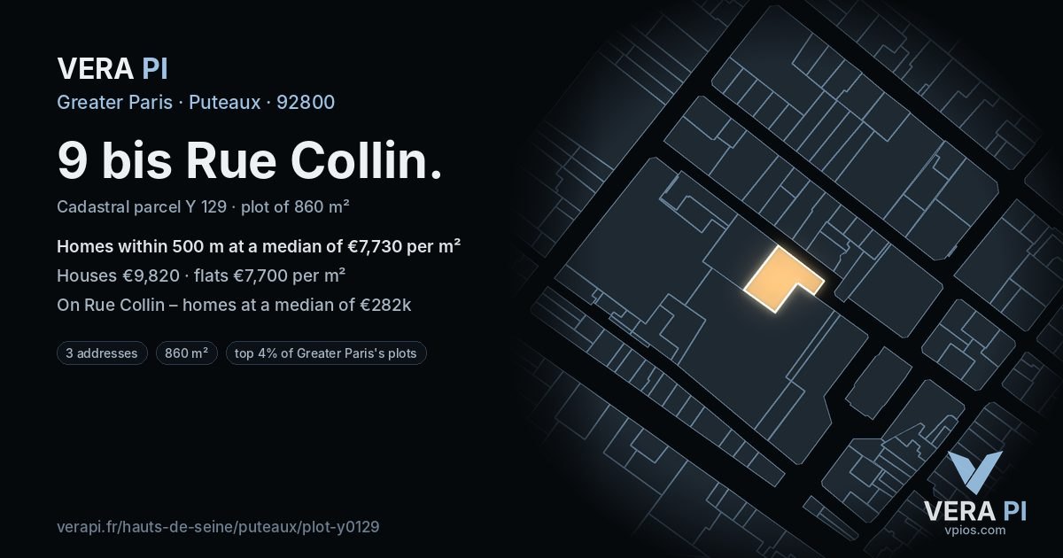 9 bis Rue Collin, Puteaux at night – the plot lit, the parcels around coloured by the prices near them