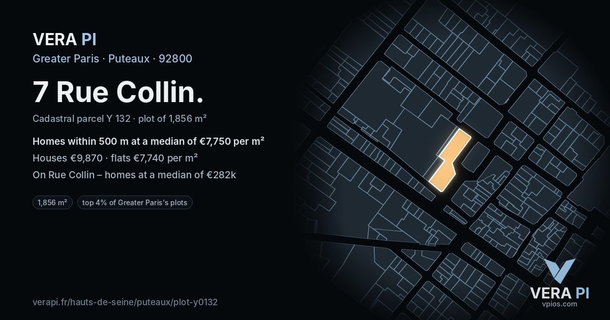 7 Rue Collin, Puteaux at night – the plot lit, the parcels around coloured by the prices near them