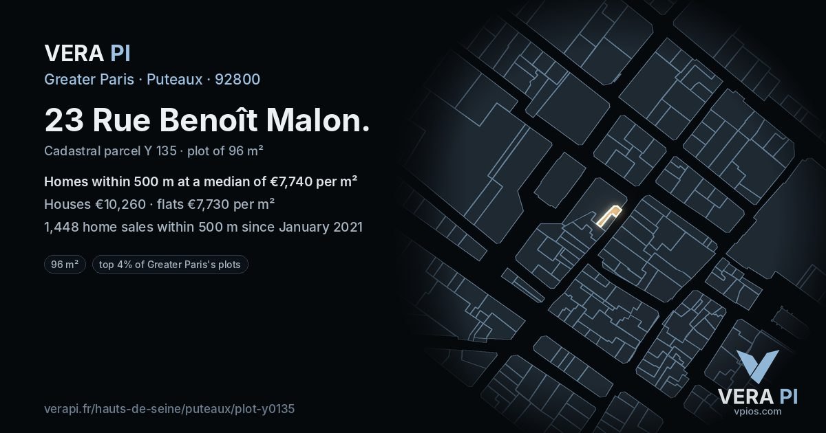23 Rue Benoît Malon, Puteaux at night – the plot lit, the parcels around coloured by the prices near them