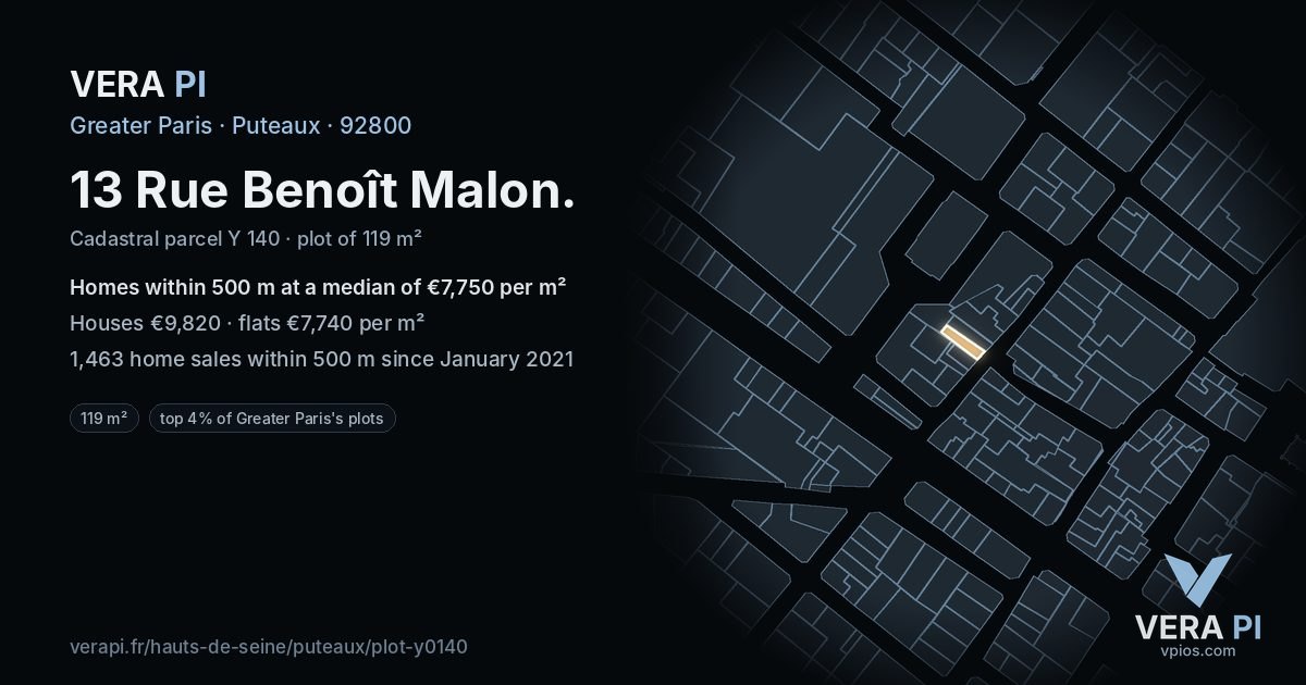 13 Rue Benoît Malon, Puteaux at night – the plot lit, the parcels around coloured by the prices near them