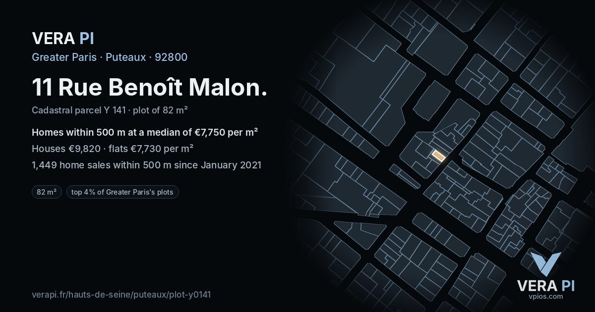 11 Rue Benoît Malon, Puteaux at night – the plot lit, the parcels around coloured by the prices near them