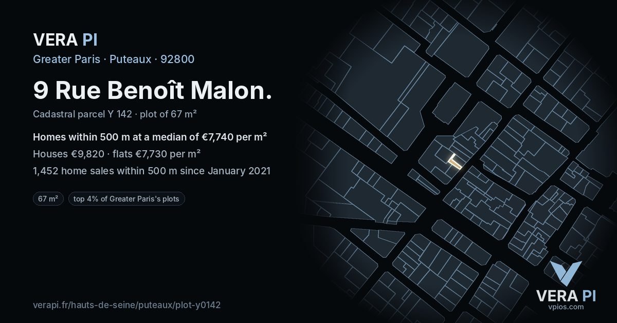 9 Rue Benoît Malon, Puteaux at night – the plot lit, the parcels around coloured by the prices near them