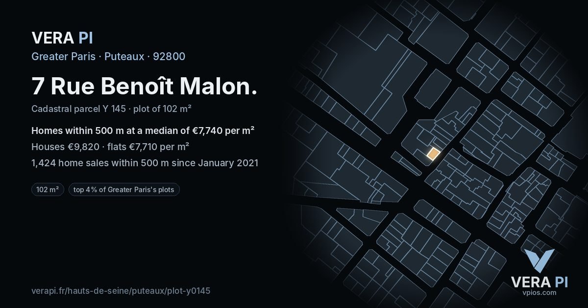 7 Rue Benoît Malon, Puteaux at night – the plot lit, the parcels around coloured by the prices near them