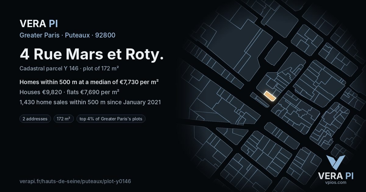 4 Rue Mars et Roty, Puteaux at night – the plot lit, the parcels around coloured by the prices near them